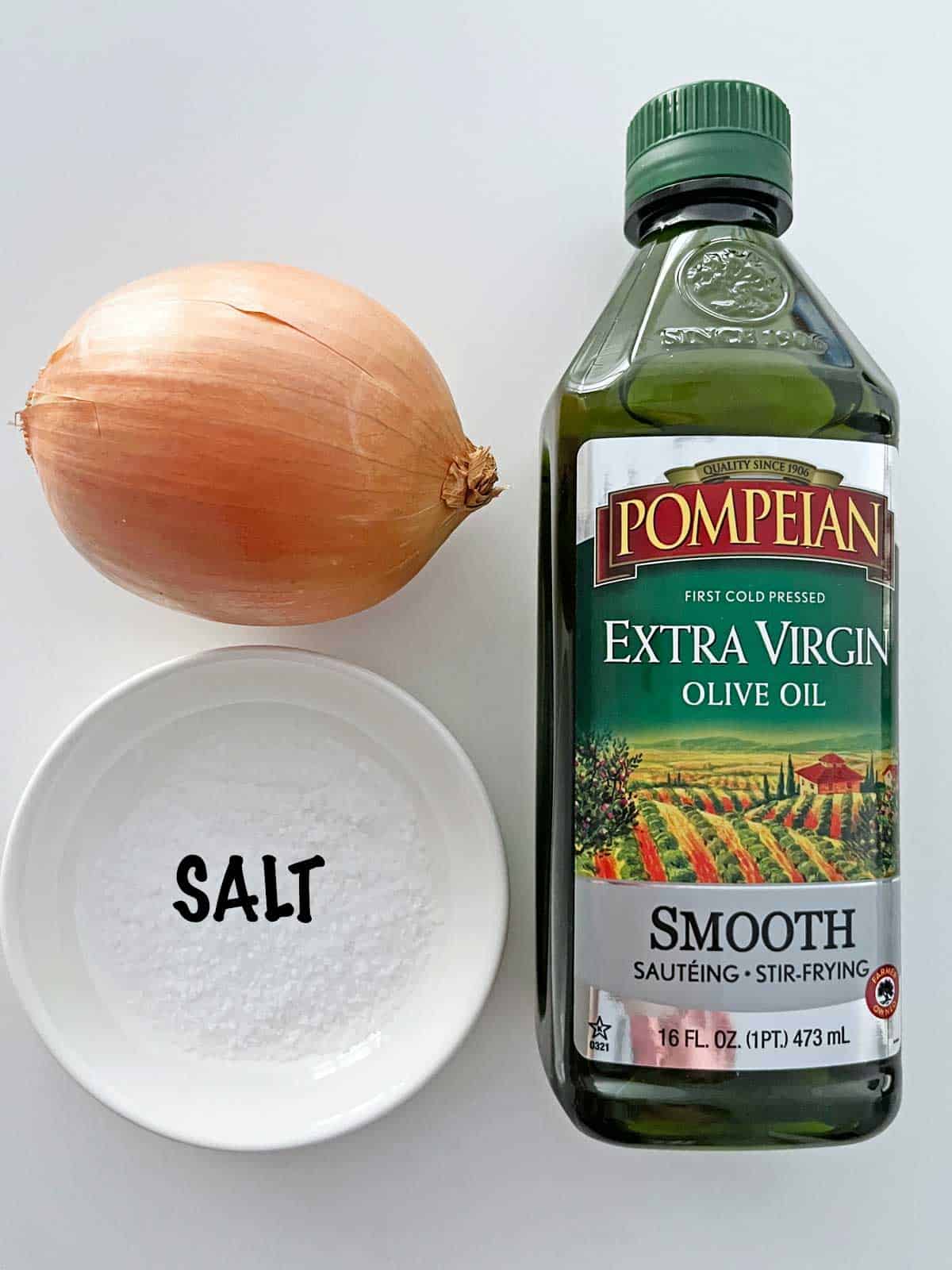 The ingredients needed for sauteing onions. 