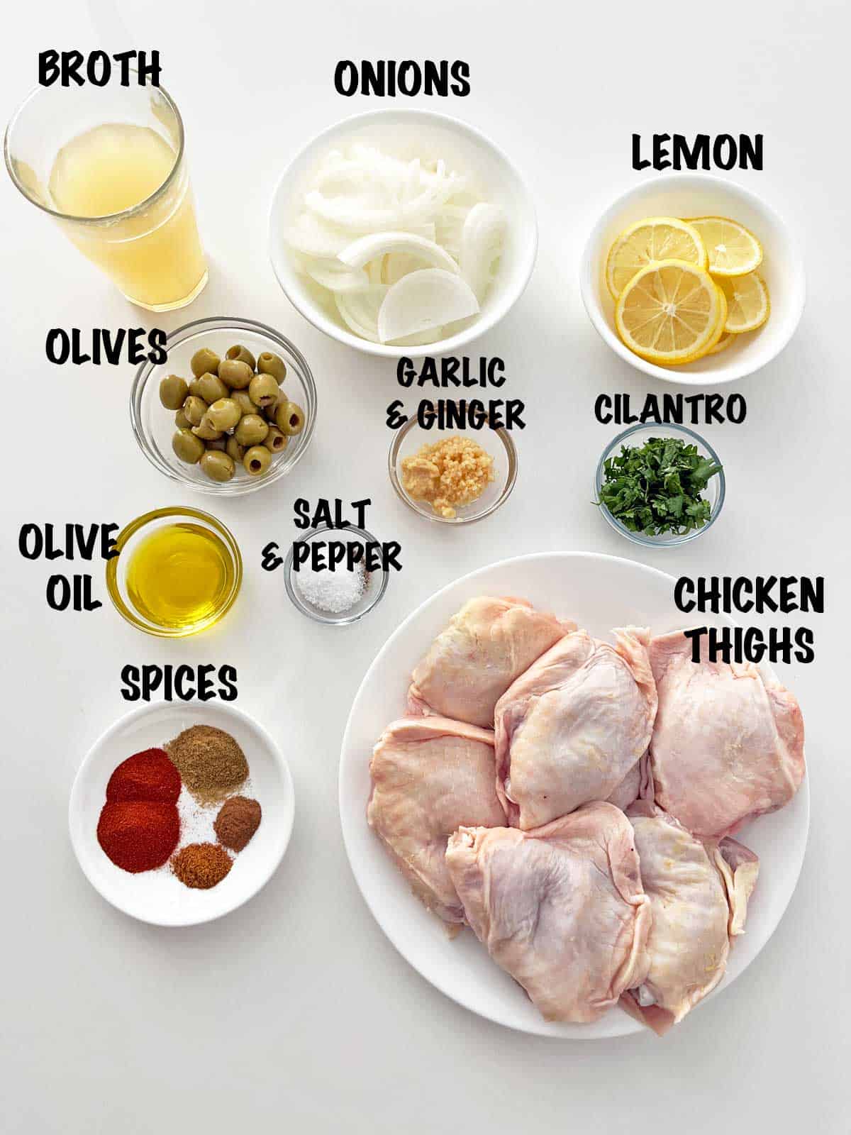 The ingredients needed to make Moroccan chicken. 