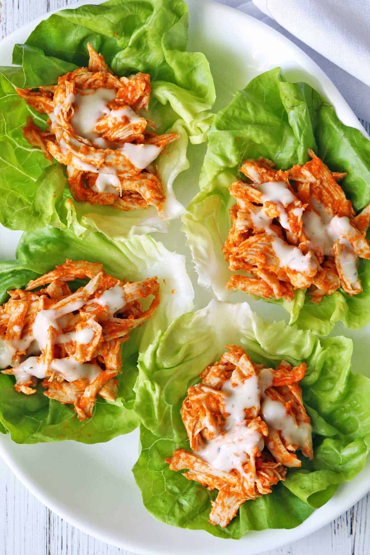 Buffalo chicken lettuce wraps served on a plate.