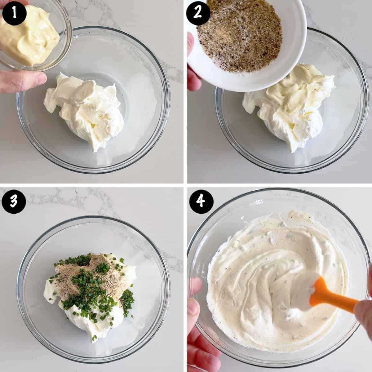A four-photo collage showing the steps for making a sour cream dip. 