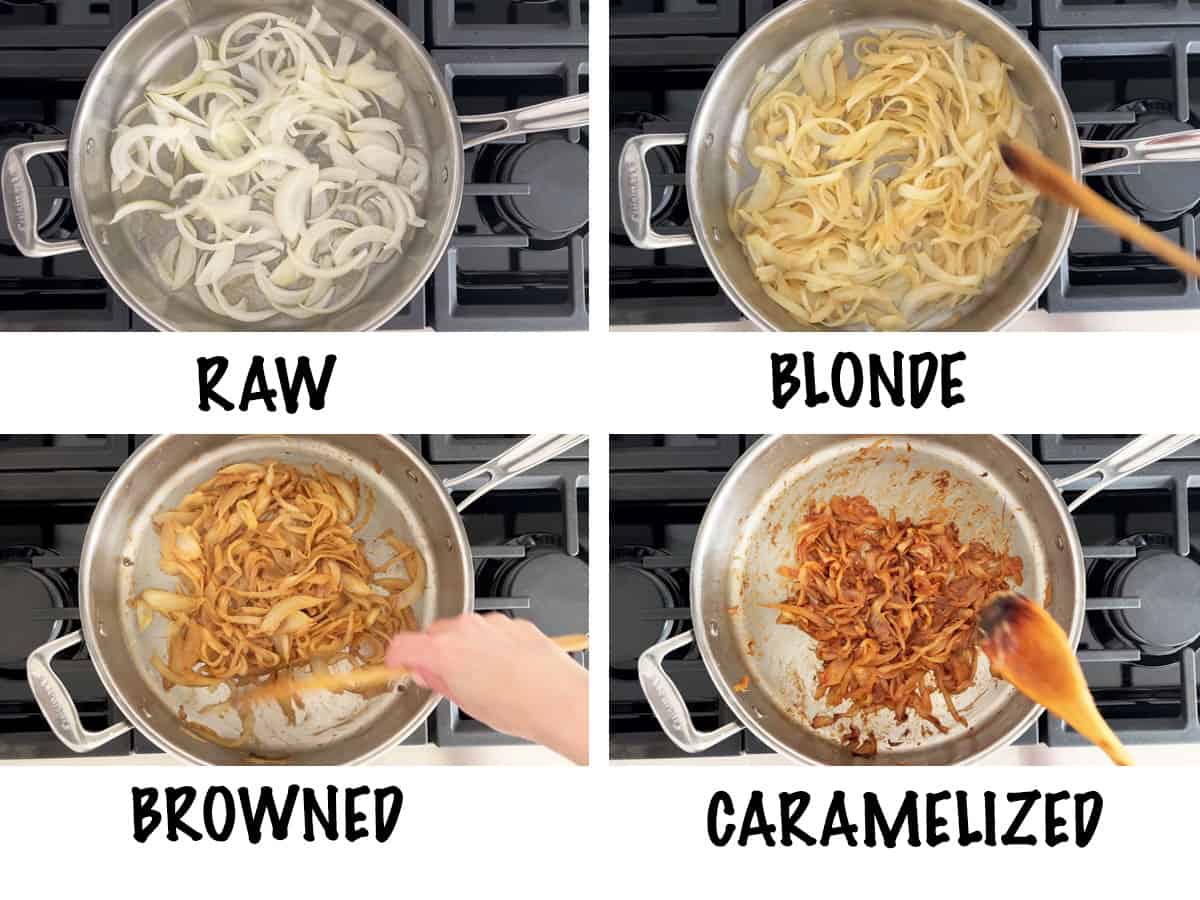 A four-photo collage showing cooking levels of onions: raw, blonde, browned, and caramelized.
