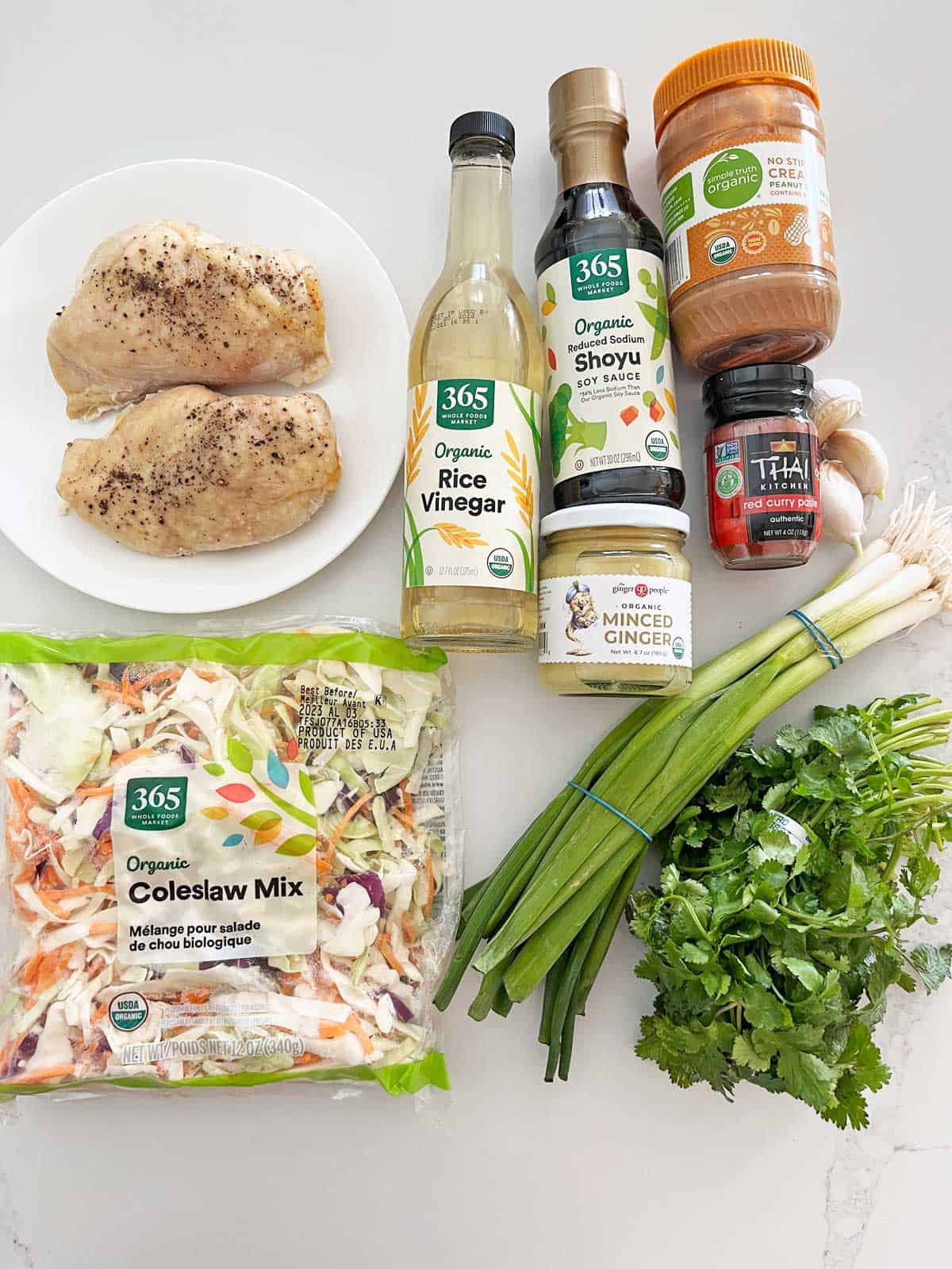 The ingredients needed to make Thai chicken  salad. 