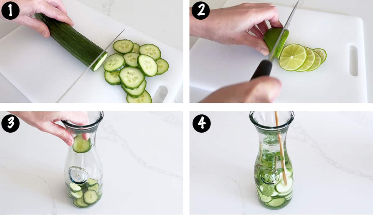 A four-photo collage showing the steps for making cucumber water. 