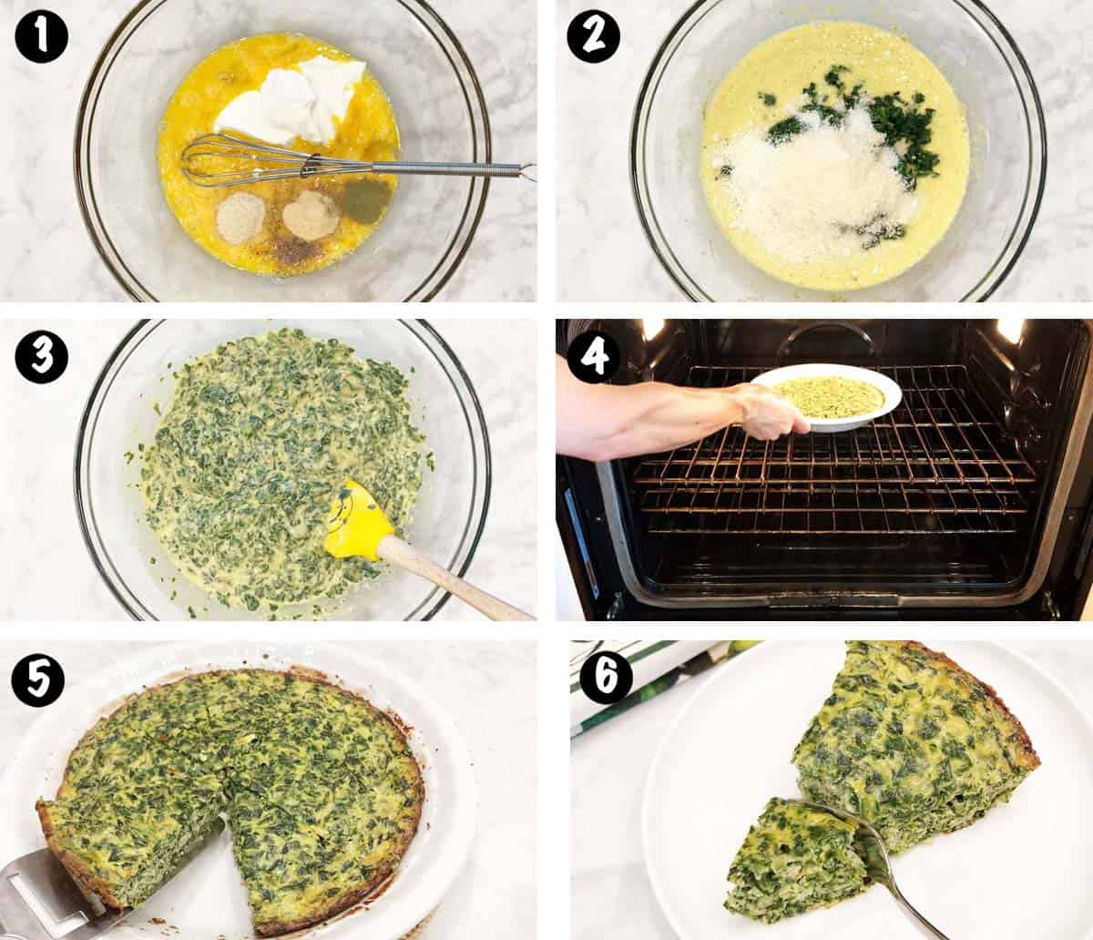 A six-photo collage showing how to make a crustless spinach quiche. 