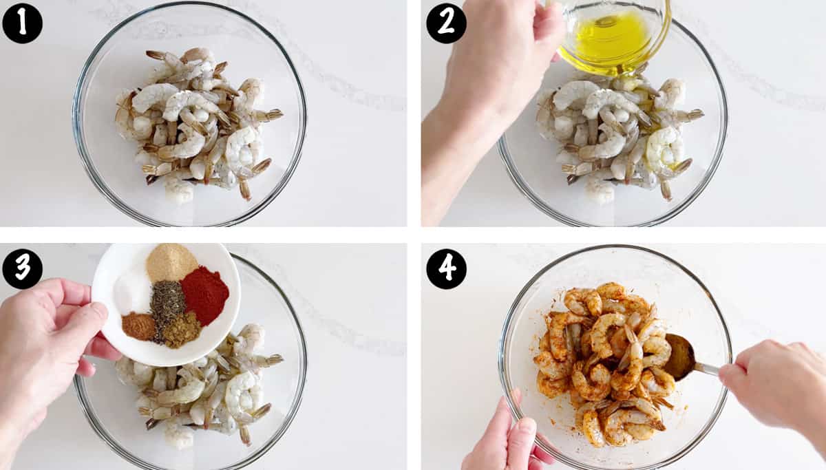A photo collage showing steps 1-4 for making sautéed shrimp, 