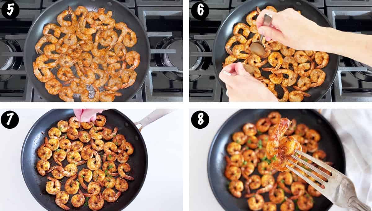 A photo collage showing steps 5-8 for making sautéed shrimp. 