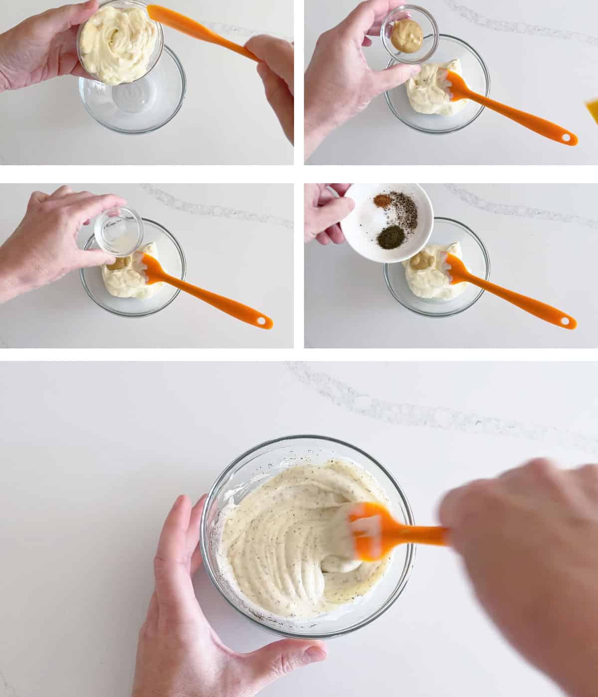 A five-photo collage showing how to mix mayo, mustard, lemon juice, and spices into a homemade tartar sauce. 