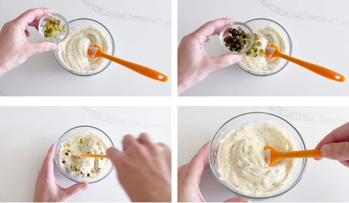 A four-photo collage showing how to mix pickles and capers into a homemade tartar sauce. 