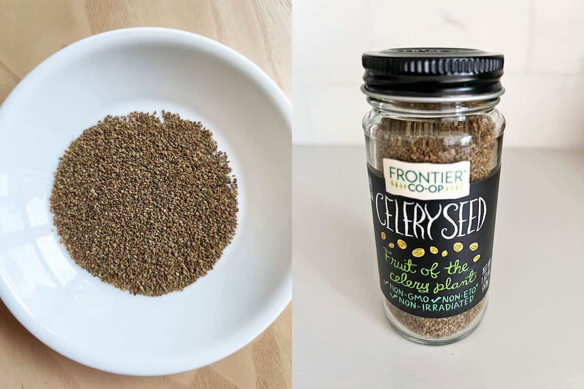 A two-photo collage of celery seeds in a bowl and a jar containing celery seeds. 