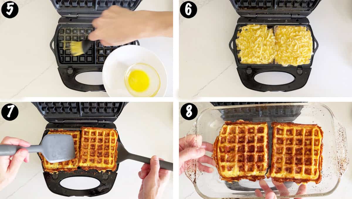 A photo collage showing steps 5-8 for making chaffles.