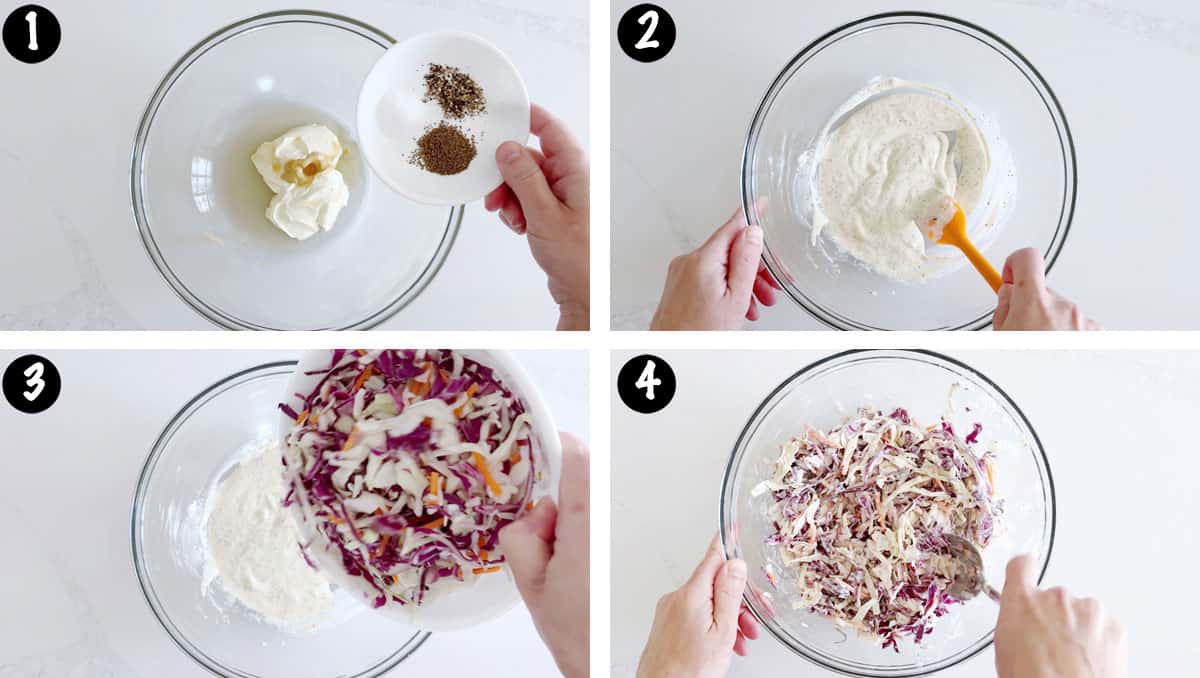 A four-photo collage showing the steps for making homemade coleslaw. 