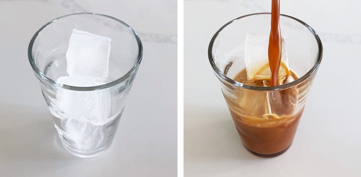 A two-photo collage showing how to fill a glass with ice and pour the coffee into the glass.  
