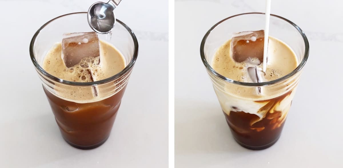 A two-photo collage showing how to add almond extract and heavy cream to iced coffee. 