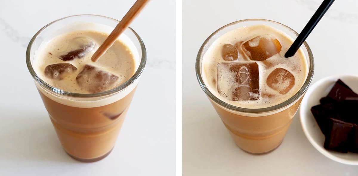 A two-photo collage showing how to stir iced coffee and serve it with dark chocolate. 