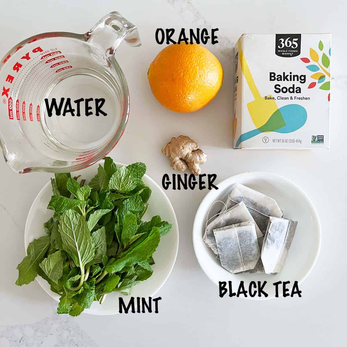 The ingredients needed to make iced tea. 