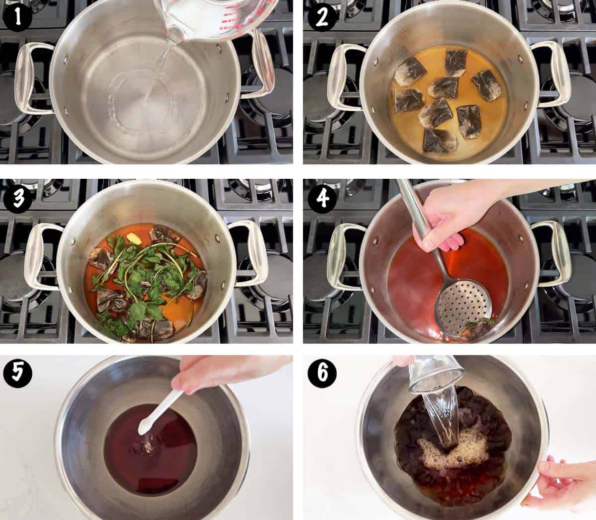 A six-photo collage showing the steps for making iced tea. 