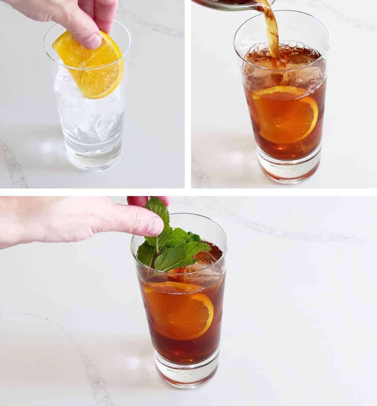 A three-photo collage showing how to serve iced tea. 