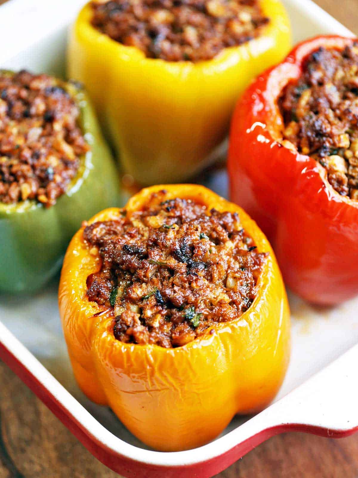 Stuffed peppers without rice served in a baking dish.