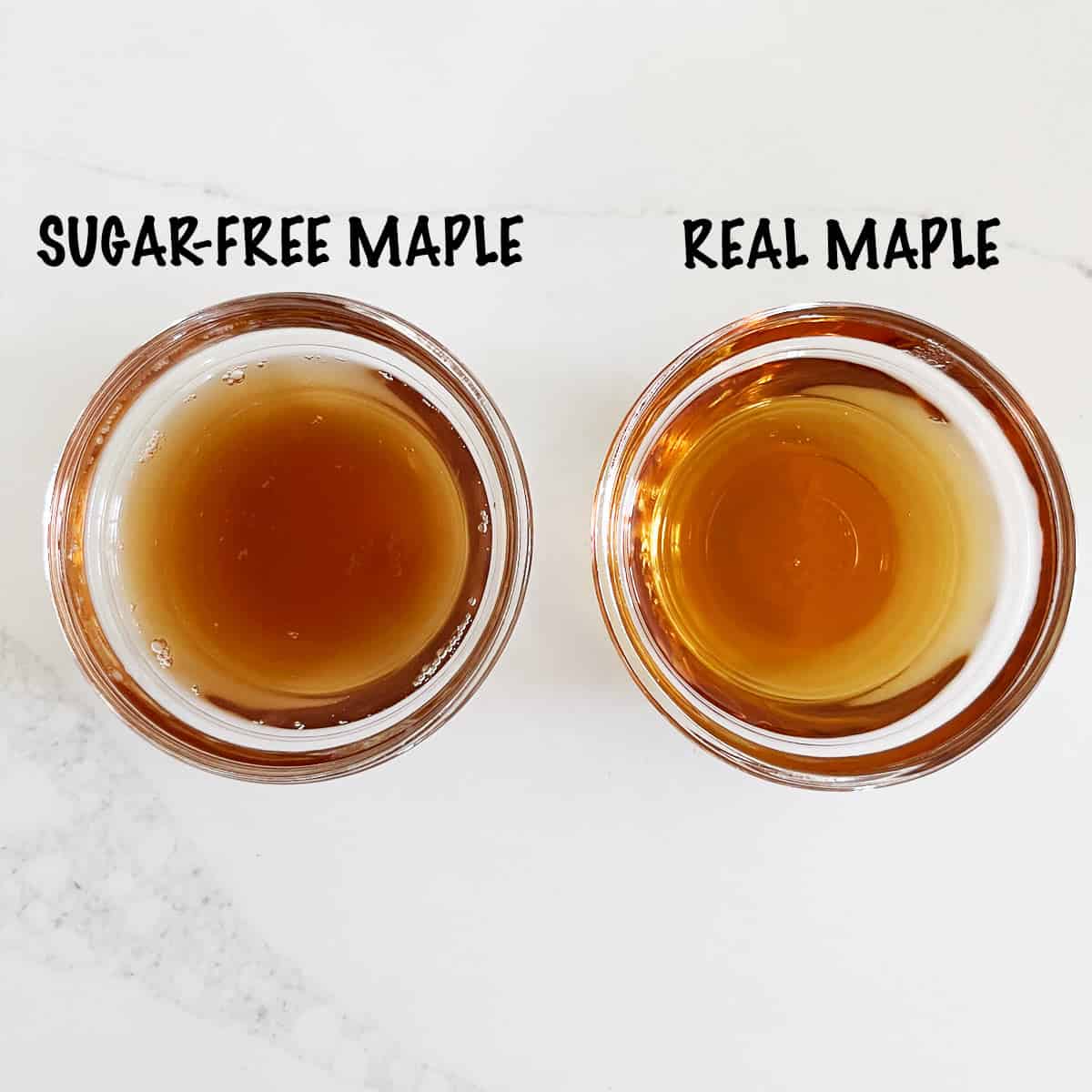 A two-photo collage showing real maple syrup vs. Lakanto sugar-free maple syrup. 