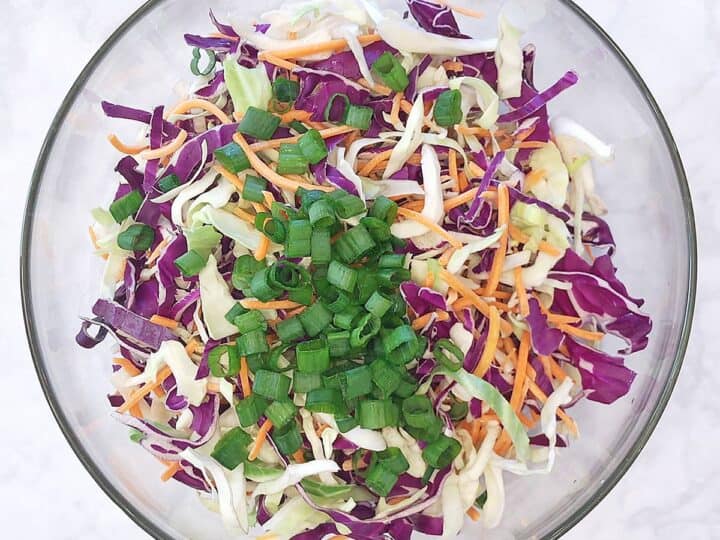 A bowl with shredded cabbage and chopped scallions.