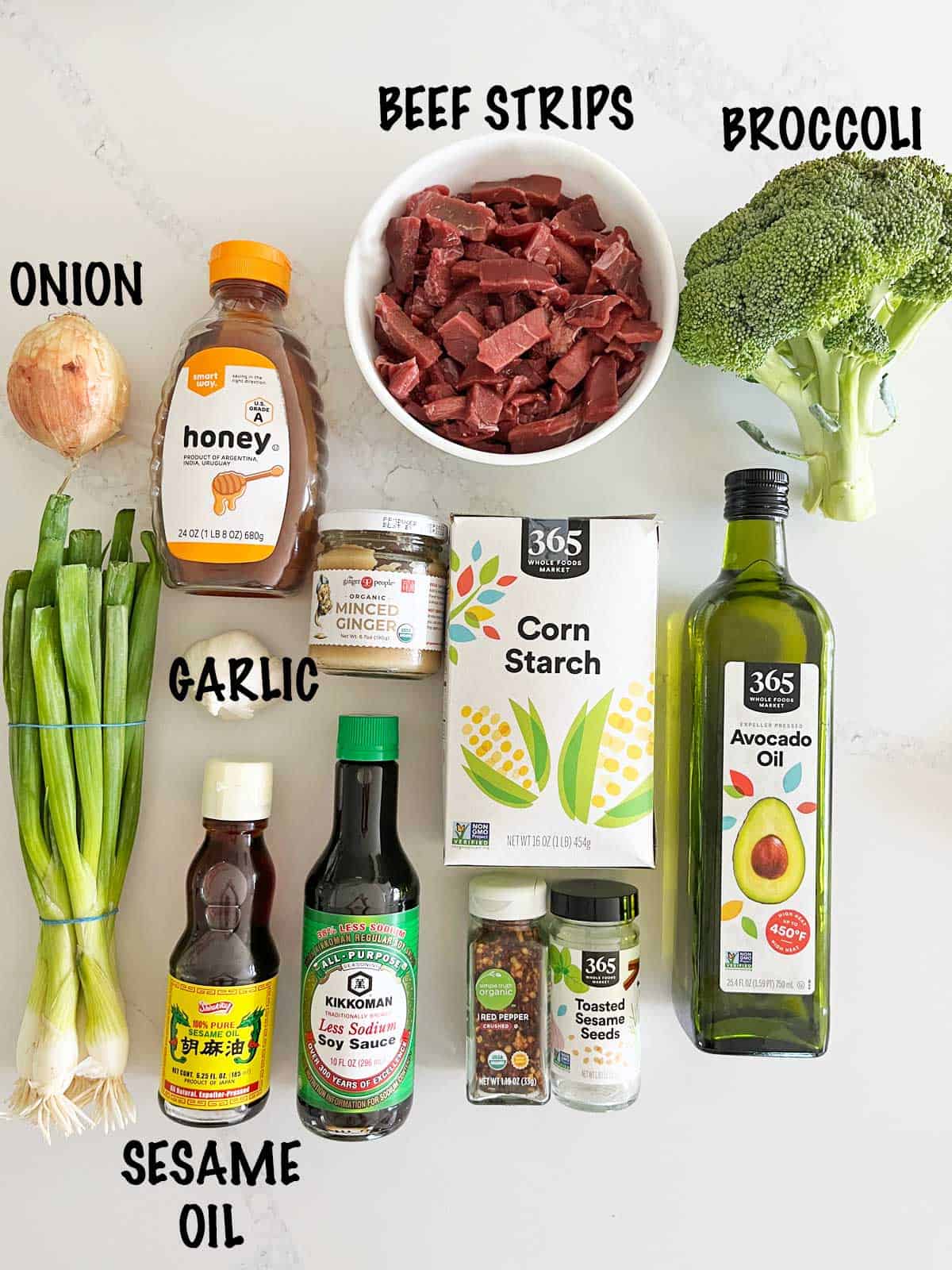The ingredients needed to make beef and broccoli. 