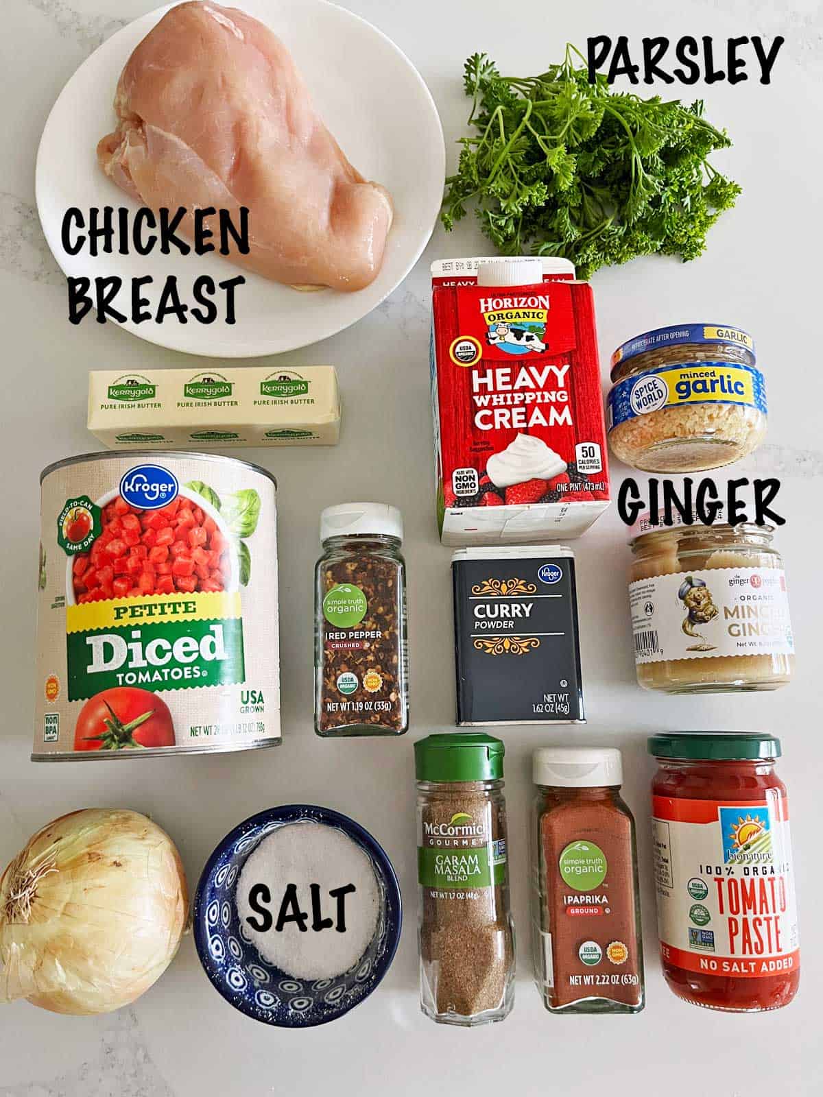 The ingredients needed to make keto butter chicken. 