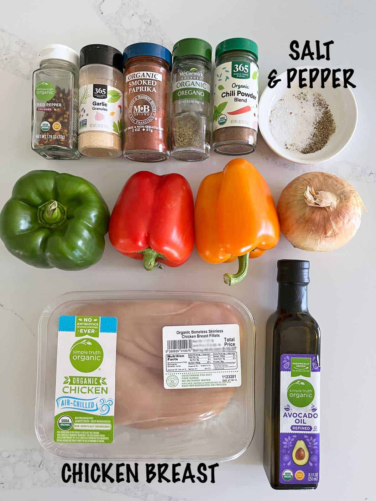 The ingredients needed to make chicken fajitas. 