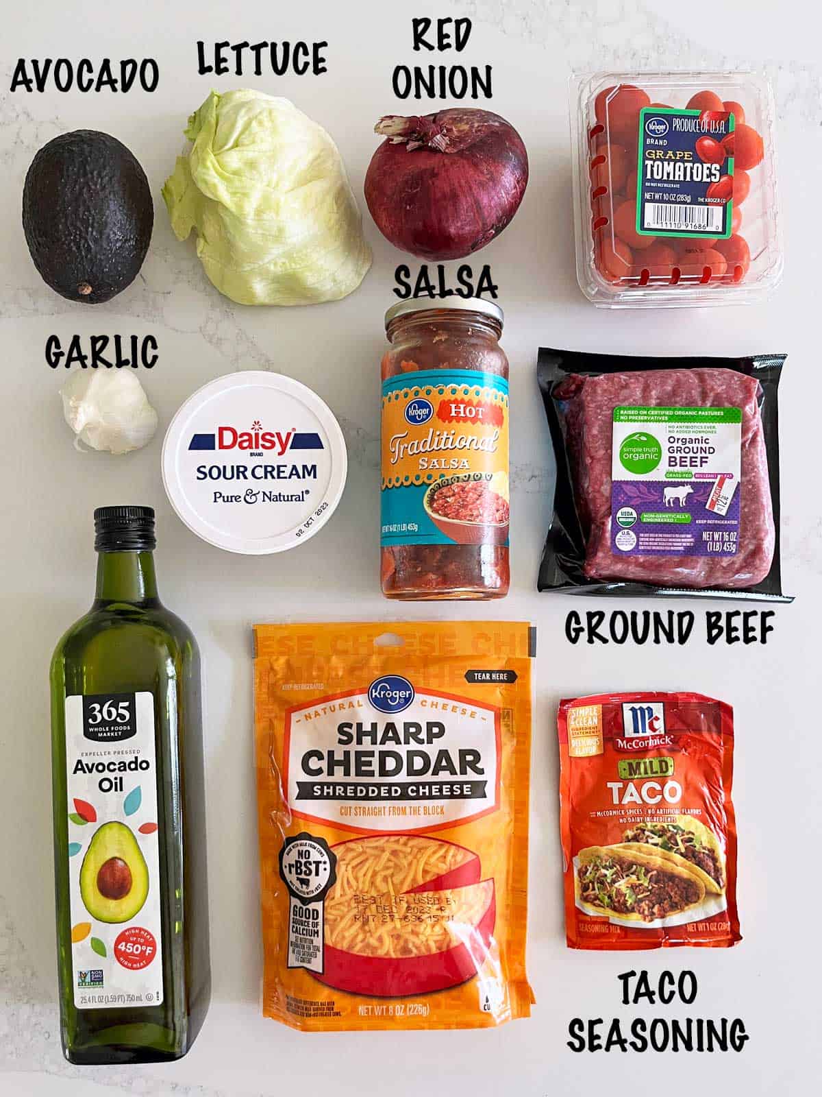 The ingredients needed to make a keto taco salad. 