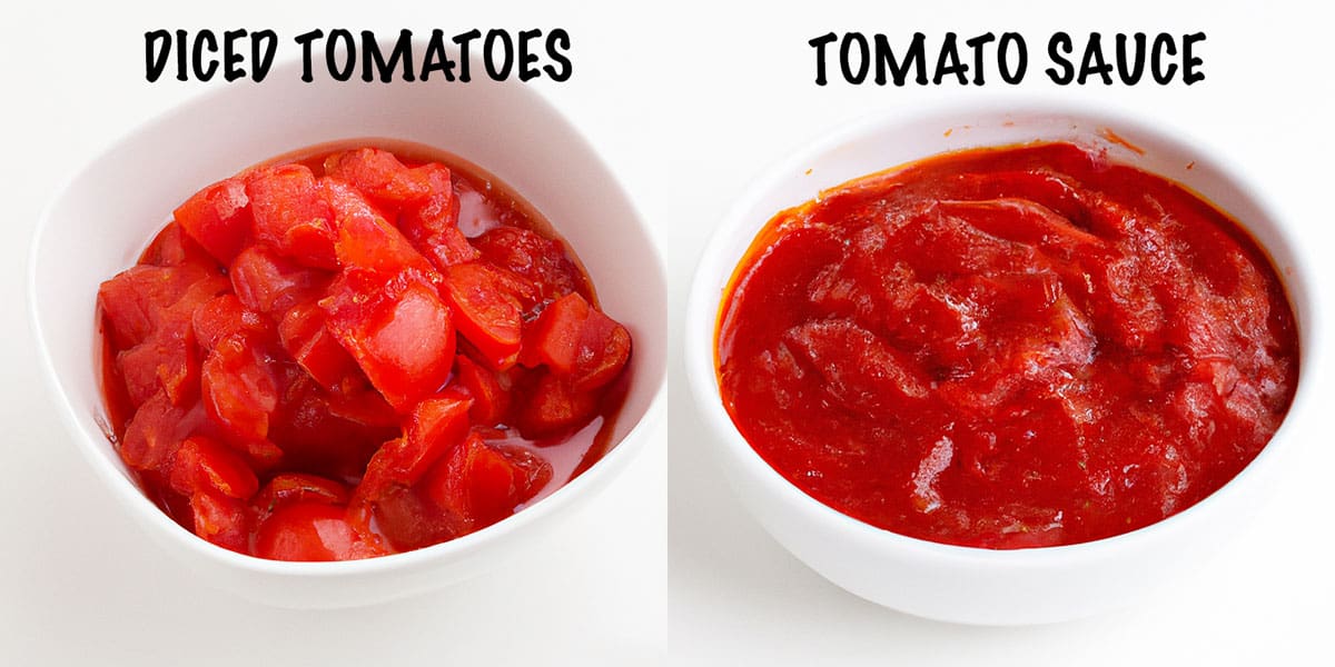 A two-photo collage comparing the texture of diced tomatoes and tomato sauce. 