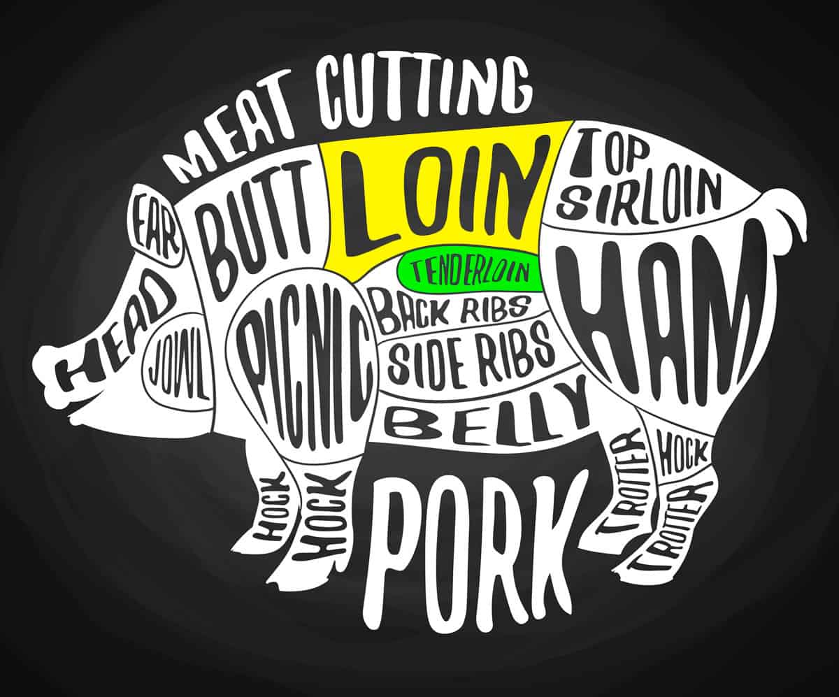A pig diagram showing where the pork tenderloin and loin are located.