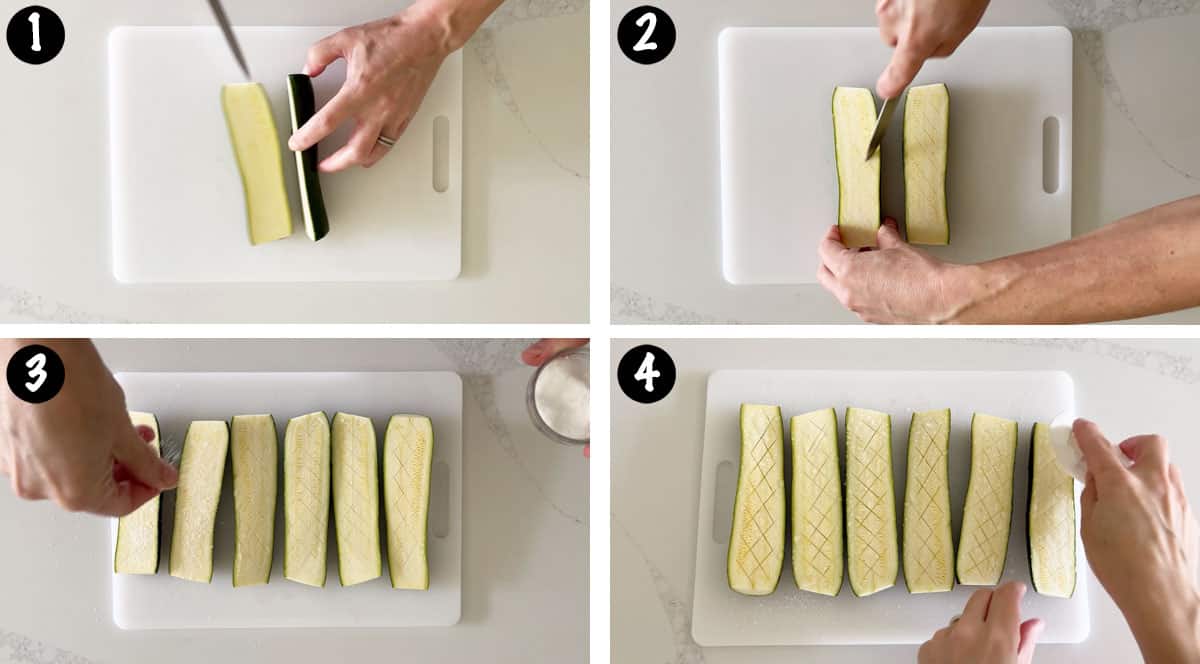 A four-photo collage showing steps 1-4 for roasting zucchini. 