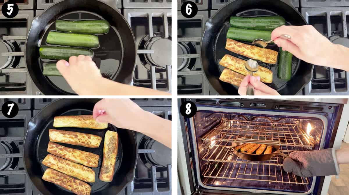 A four-photo collage showing steps 5-8 for roasting zucchini. 