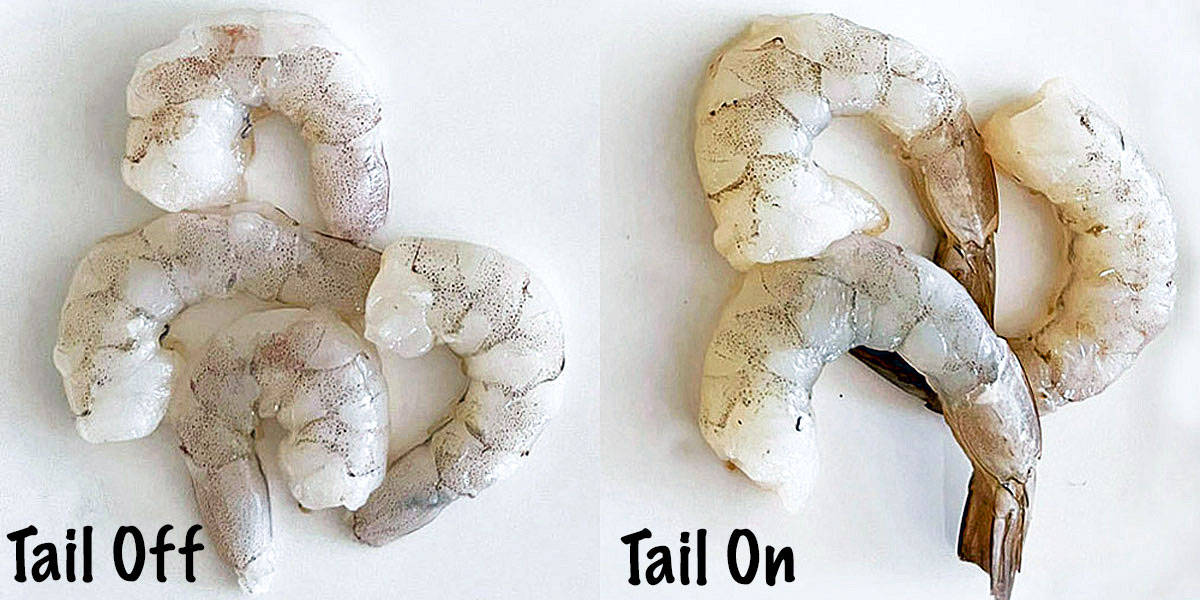 A two-photo collage comparing tail-off raw shrimp to tail-on raw shrimp. 