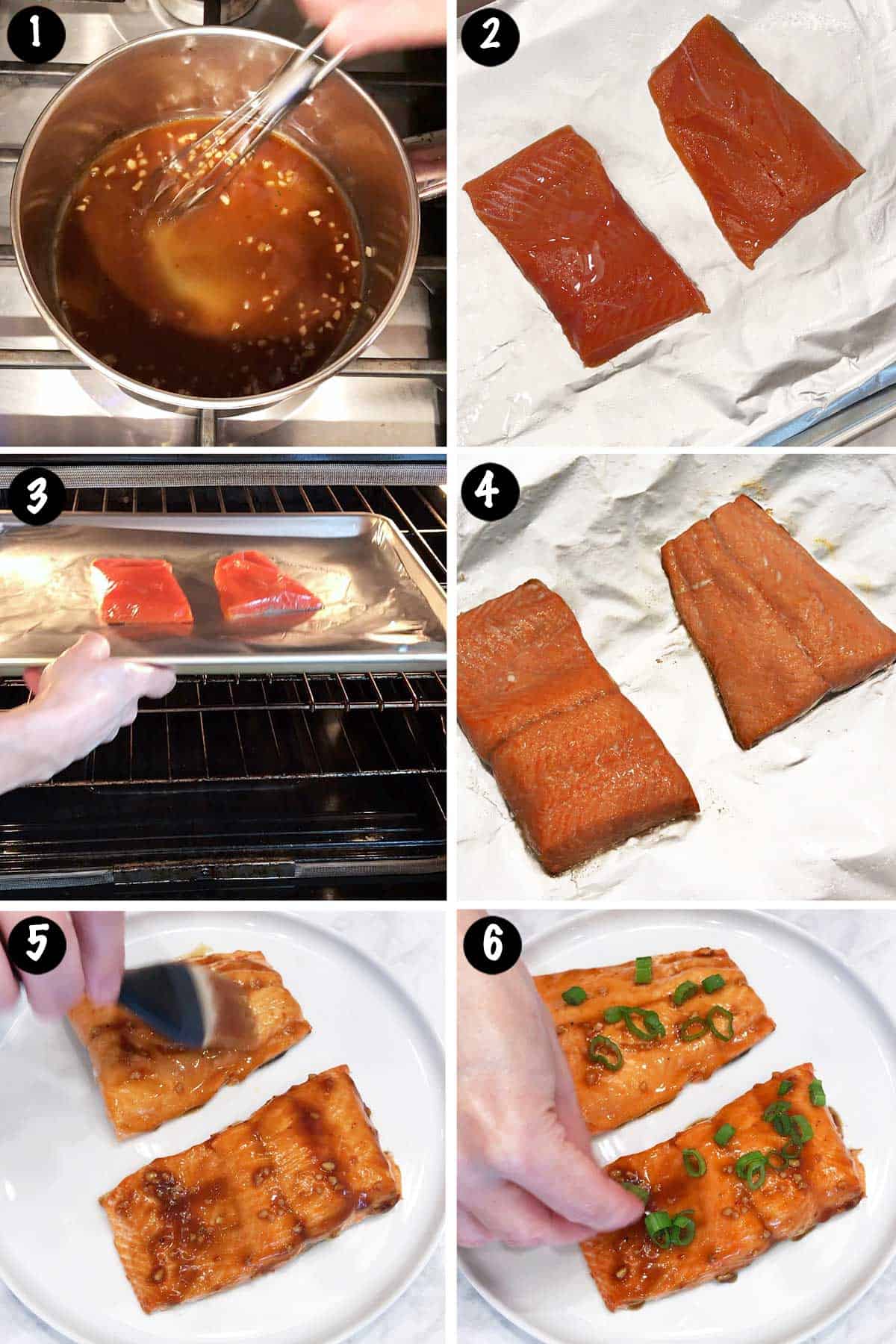 A six-photo collage showing the steps for making Asian salmon. 