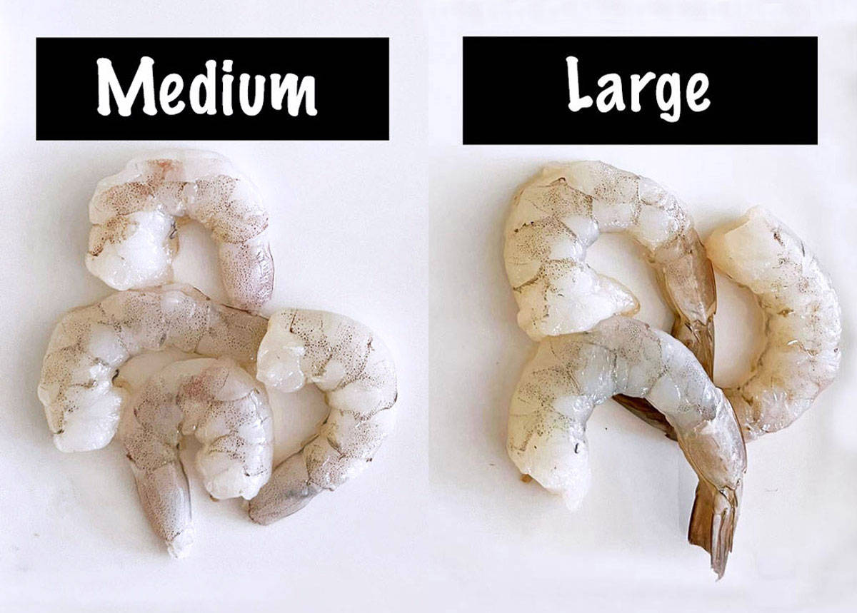 A two-photo collage showing the difference between medium and large shrimp.