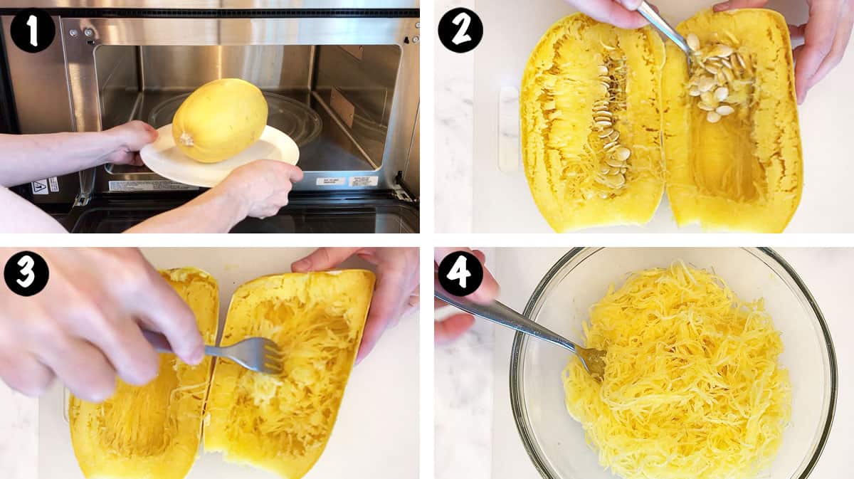 A four-photo collage showing how to prepare spaghetti squash to be used in noodles.  