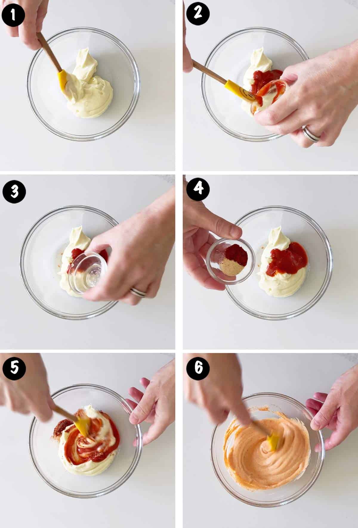 Kolaż sześciu zdjęć przedstawiających etapy przygotowania majonezu sriracha. 