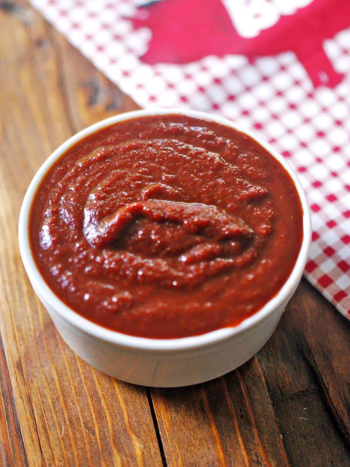 Sugar-free BBQ sauce served in a white bowl. 
