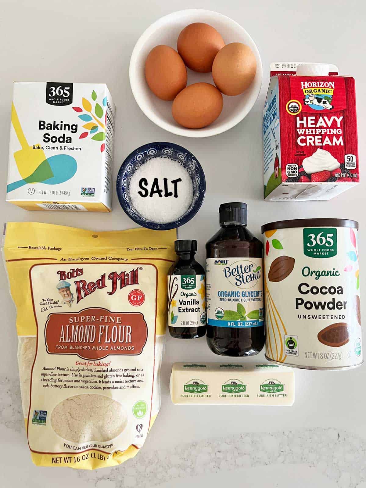 The ingredients needed to make a keto chocolate cake. 