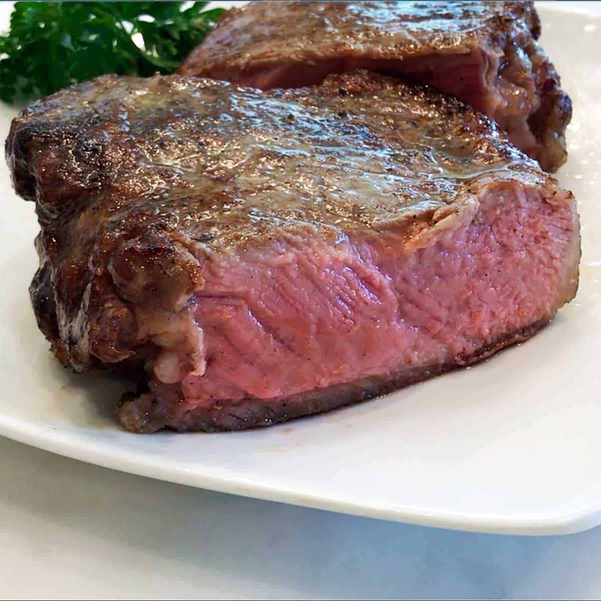 A steak cooked in the reverse-sear method. 