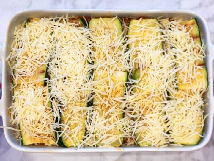 The lasagna is ready for the oven.
