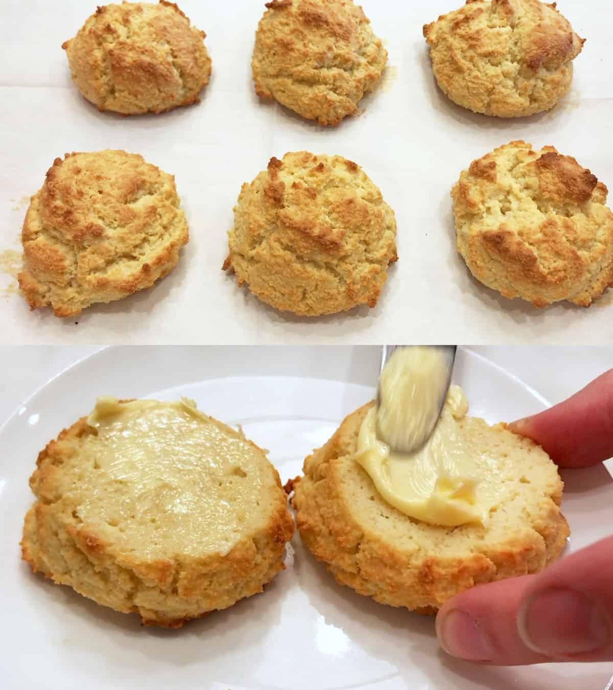 A two-photo collage showing fully baked keto biscuits on the pan, and spreading them with butter. 