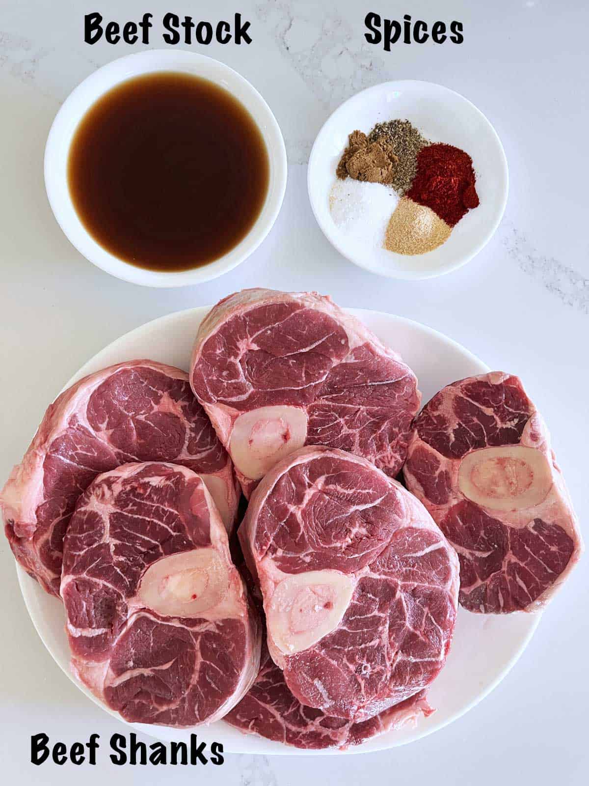 The ingredients needed to cook beef shanks. 