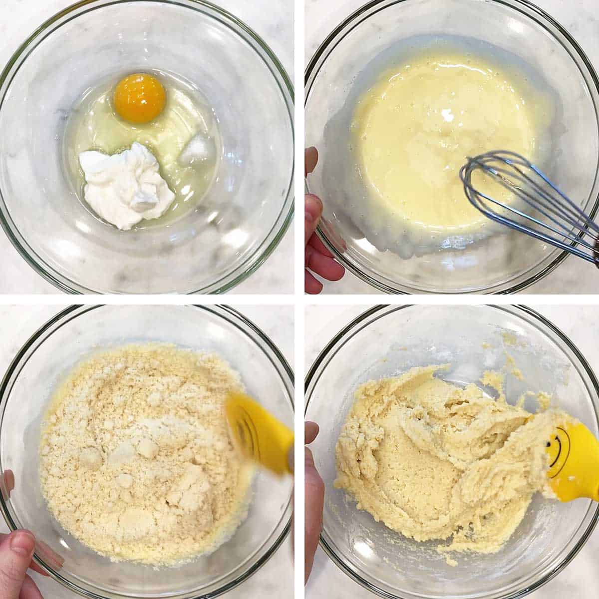 A four-photo collage showing how to mix the batter for keto biscuits. 