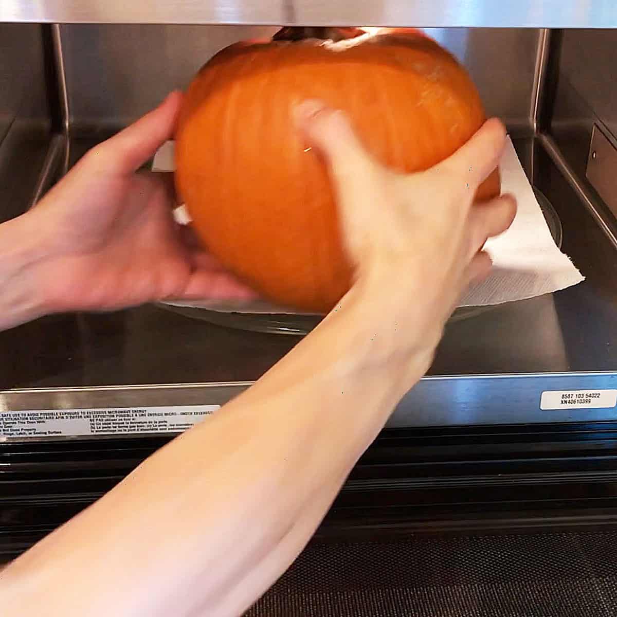 Microwave the pumpkin. 