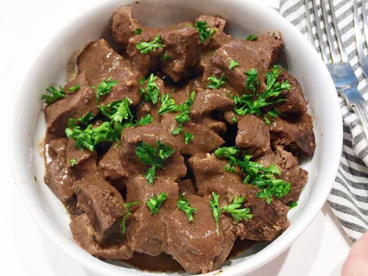 Beef heart stew is served.