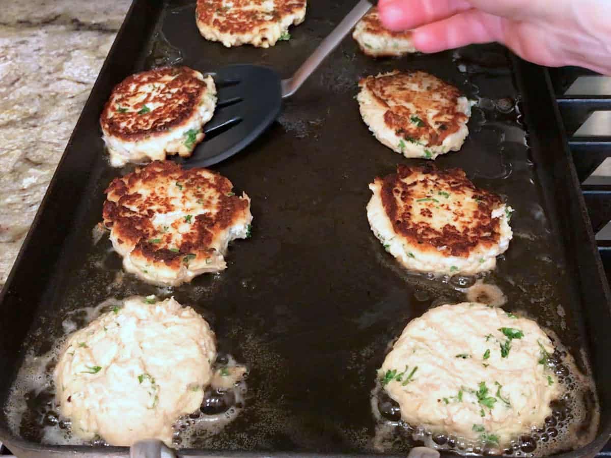Frying leftover turkey patties in griddle.