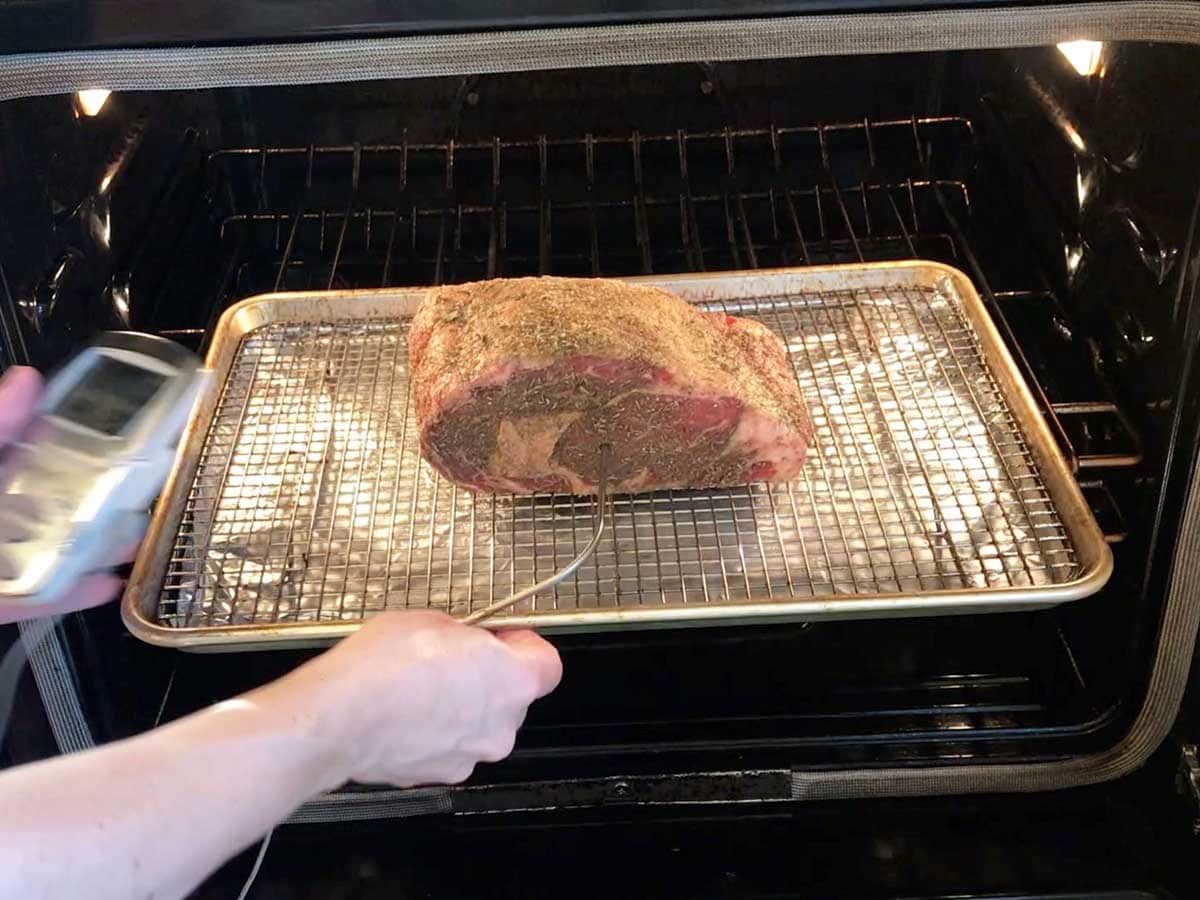 Placing ribeye roast in the oven. 