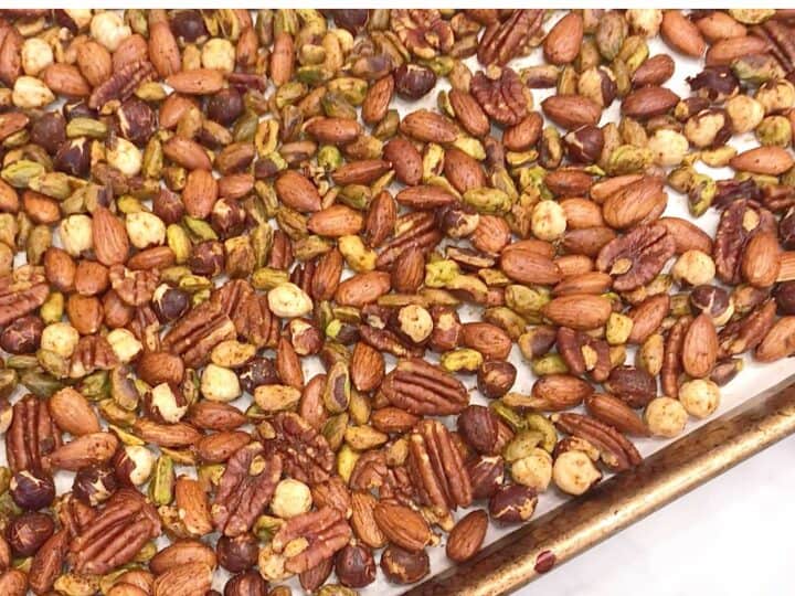 The roasted nuts are ready in the pan.