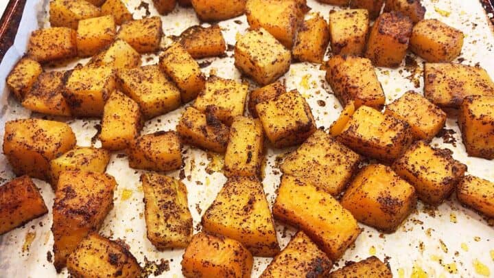 Roasted butternut squash is ready in the pan.